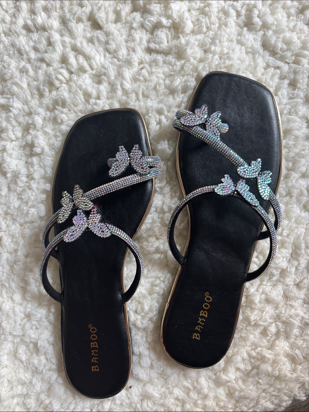 BAMBOO Black Rhinestone Butterfly Strap Sandals
